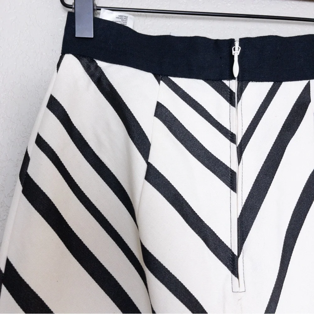 H&M Striped Wrap Skirt 4 Ivory Black High Waisted Lined Front Slit